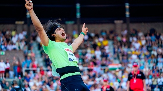 Olympic champion javelin thrower Neeraj Chopra reacts after setting a new national record and his personal best with a throw of 89.94m at the Stockholm Diamond League.(Twitter/GautamGambhir) Olympic champion javelin thrower Neeraj Chopra reacts after setting a new national record and his personal best with a throw of 89.94m at the Stockholm Diamond League.(Twitter/GautamGambhir)