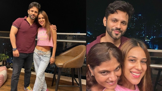 Rahul Vaidya and Nia Sharma at her new home.