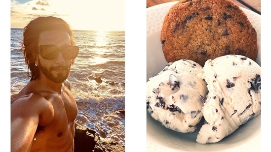 Ranveer also posted a shirtless selfie featuring the sea, clear skies and a beautiful sunset in the back. The couple also dropped a picture of a dessert they devoured during the holiday - a bowl of cookies and ice cream.(Instagram)