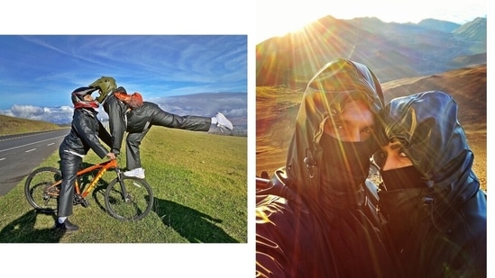 Deepika and Ranveer also went biking during their vacation, dressed in protective gear and all-black outfits. While the first picture shows Deepika balancing herself on the tyre of Ranveer's bike and joining helmets, the second is a goofy selfie of the couple covering their faces with a face mask and jacket hoodie.(Instagram)