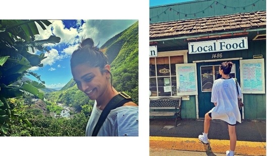 The two photos were clicked during Deepika and Ranveer's hike in the US. The first click captured Deepika in a candid moment smiling brightly amid viridescent surroundings, and the second click shows her standing in front of an eatery.(Instagram)
