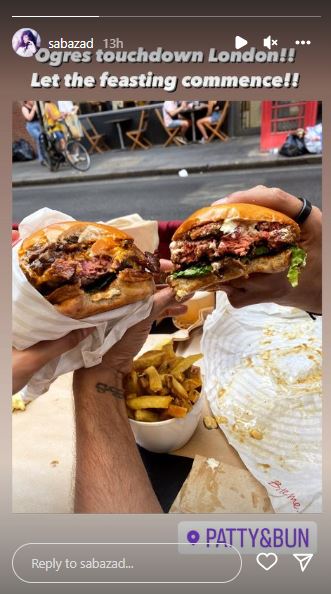 Saba posted a photo as the couple feasted on burgers.