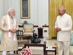 Prime Minister Narendra Modi calls on President Ram Nath Kovind at Rashtrapati Bhavan, in New Delhi on Wednesday.&nbsp;