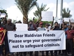 Sri Lankans living in the Maldives stage a demonstration in Male on July 13, 2022.(AFP) Sri Lankans living in the Maldives stage a demonstration in Male on July 13, 2022.(AFP)