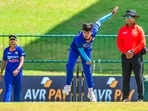 Pooja Vastrakar in action for the Indian women's cricket team.