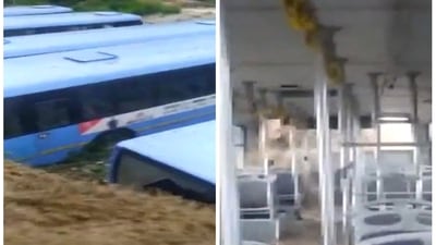 Flood water enters buses at Manali bus station amid heavy rain in Himachal Pradesh.( ANI) Flood water enters buses at Manali bus station amid heavy rain in Himachal Pradesh.( ANI)