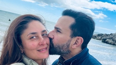 Saif Ali Khan gave Kareena Kapoor a peck on her cheek at the English Channel. She shared beautiful photos from their on Instagram. She captioned it, "Beach pe (on the beach) a Jacket and a Kiss…the English Channel …#Is that summer in England? (heart eyes emoji)." Saif Ali Khan gave Kareena Kapoor a peck on her cheek at the English Channel. She shared beautiful photos from their on Instagram. She captioned it, "Beach pe (on the beach) a Jacket and a Kiss…the English Channel …#Is that summer in England? (heart eyes emoji)."