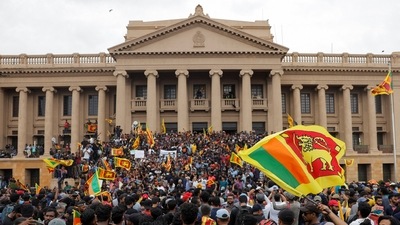Demonstrators protesting inside the Presidential secretariat premises after President Gotabaya Rajapaksa fled amid the country's economic crisis in Colombo. (REUTERS)