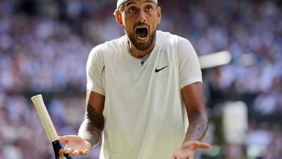 Australia's Nick Kyrgios reacts as he plays Serbia's Novak Djokovic in the final of the men's singles of the Wimbledon tennis championships. (AP) Australia's Nick Kyrgios reacts as he plays Serbia's Novak Djokovic in the final of the men's singles of the Wimbledon tennis championships. (AP)