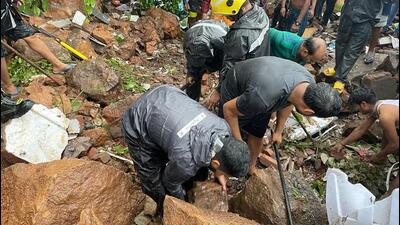 Search and rescue operations going on in Bhoidapada, Vasai (east) where a landslide occured on Wednesday morning. (HT Photo)