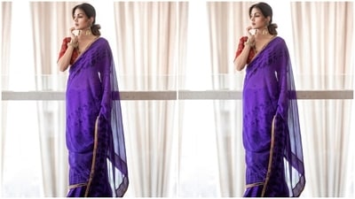 The photos show Rhea in a purple-coloured saree featuring a tie-dye pattern in a matching shade and a sequin embellished gota patti embroidered on the borders. Rhea draped the six yards in traditional style, letting the pallu fall from her shoulders. (Instagram)