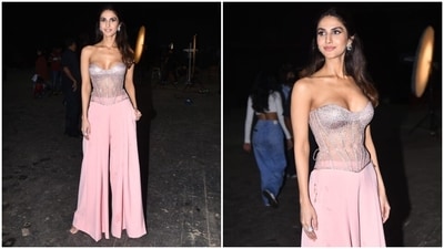 Vaani teamed the corset top with blush-pink pants featuring a high-rise waistline, pleats on the front, and a flared silhouette. In the end, strappy peep-toe sandals adorned with diamantes completed Vaani's promotional attire. (HT Photo/Varinder Chawla)