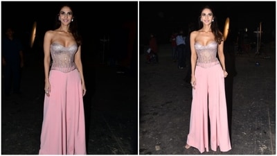For the accessories, Vaani chose statement silver rings and embellished ear studs. In the end, Vaani picked a half-tied open hairdo, black-winged eyeliner, mascara on the lashes, nude lip shade, blushed cheeks, beaming highlighter, and subtle eye shadow for the glam picks. (HT Photo/Varinder Chawla)