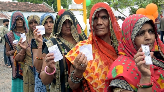 Women voters show their ID cards while waiting in a queue to cast their vote for the first phase of Madhya Pradesh Local Body Elections last Wednesday.&nbsp;(ANI / File)