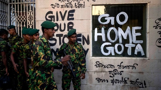 Sri Lanka army soldiers patrol near the official residence of president Gotabaya Rajapaksa days after it was stormed by anti government protesters in Colombo.(AP)
