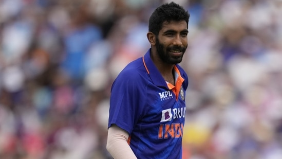 India's Jasprit Bumrah reacts after taking his fifth wicket of England's Brydon Carse during the first one day international cricket match between England and India at the Oval(AP)