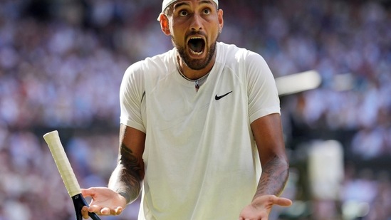 Australia's Nick Kyrgios reacts as he plays Serbia's Novak Djokovic in the final of the men's singles of the Wimbledon tennis championships.(AP)