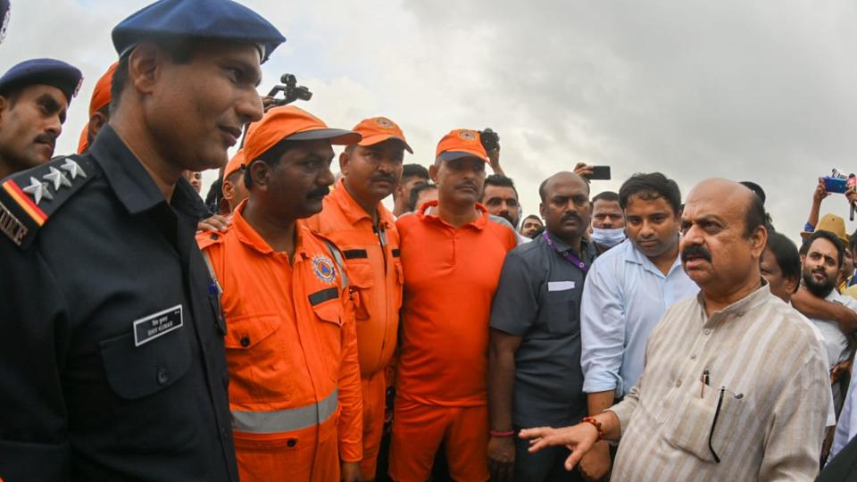 Chief minister Basavaraj Bommai during his visit to a flood-affected area in Karnataka in mid July. (HT Photo) Chief minister Basavaraj Bommai during his visit to a flood-affected area in Karnataka in mid July. (HT Photo)