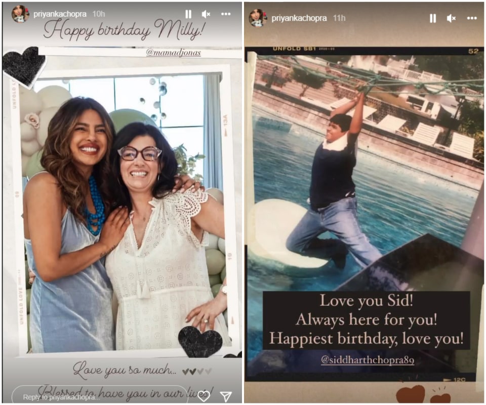 Priyanka Chopra shared pictures on Instagram Stories as she wished Denise Jonas and Siddharth Chopra on their birthdays.