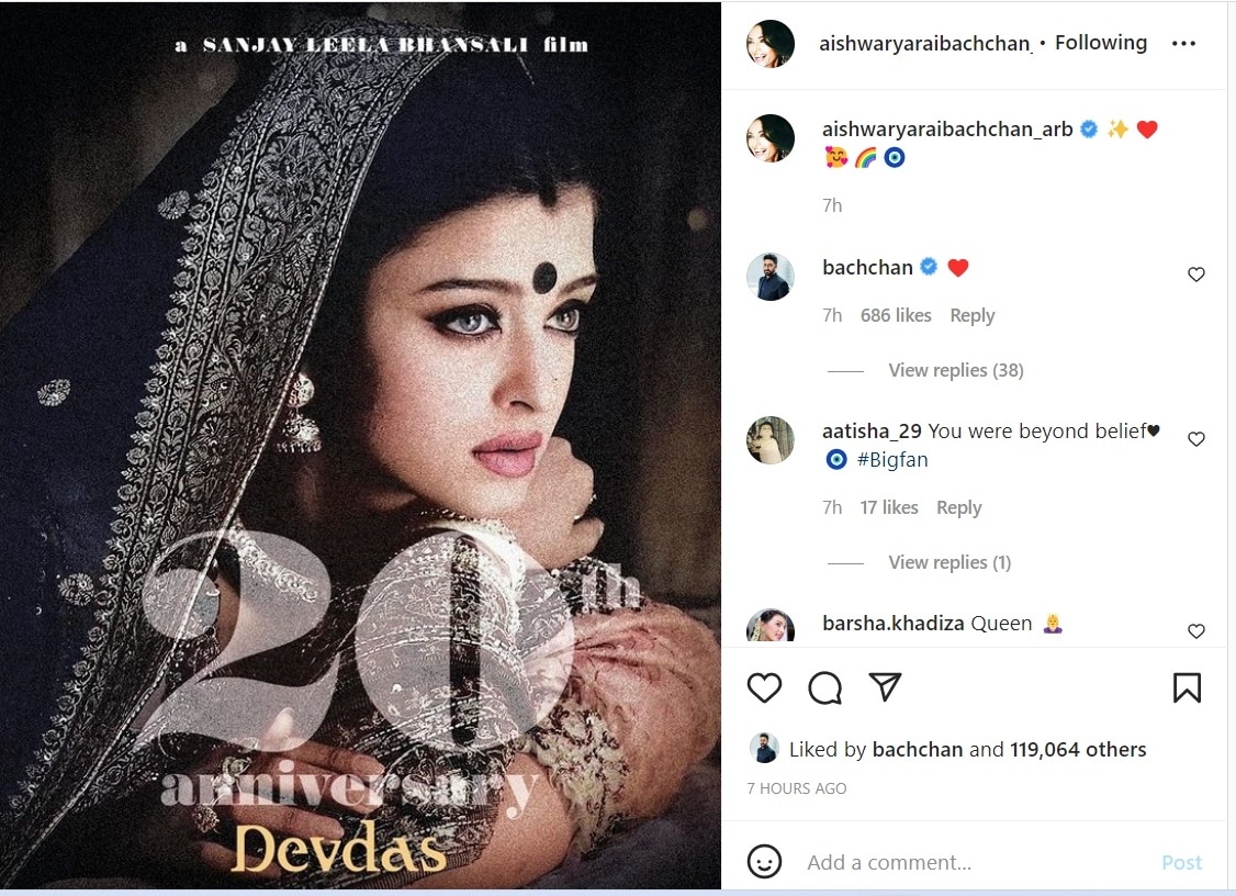 Aishwarya Rai shared a post about Devdas late Tuesday.&nbsp;