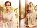 Dia Mirza's love for sarees goes beyond words. For a recent award ceremony, the Rehna Hain Tere Dil Mein actor wore a gorgeous hand embroidered ivory Tusser Georgette Banarasi featuring pichwai artworks.(Instagram/@diamirzaofficial)