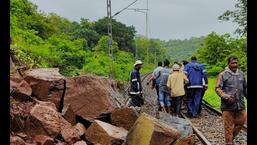 Landslide on railway tracks near Anjani, Khed on Thursday.  (Anil Phalke/HT PHOTO)