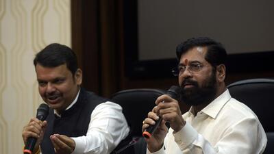 Chief Minister of Maharashtra Eknath Shinde with Deputy CM Devendra Fadnavis during a press conference (HT Photo) Chief Minister of Maharashtra Eknath Shinde with Deputy CM Devendra Fadnavis during a press conference (HT Photo)