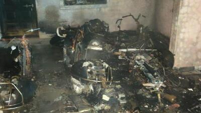 Nine motorbikes including one electric motorcycle kept in the parking lot of the Ashtavinayak housing society in Chandannagar locality of Pune were gutted in a fire on Thursday. (HT PHOTO.)