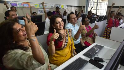 Shaina NC inaugurates "Computer Labs - Learning to Code in Marathi" donated by Ananya Goenka's (extreme left) myUDAANTrust (Anshuman Poyrekar/HT PHOTO) Shaina NC inaugurates "Computer Labs - Learning to Code in Marathi" donated by Ananya Goenka's (extreme left) myUDAANTrust (Anshuman Poyrekar/HT PHOTO)