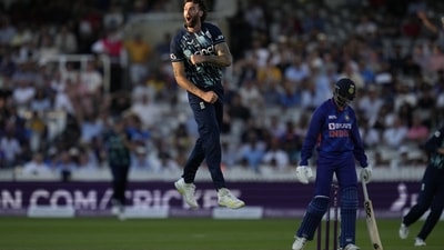 England's Reece Topley celebrates taking his sixth wicket (AP) England's Reece Topley celebrates taking his sixth wicket (AP)