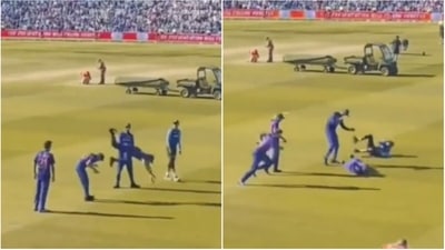Ishan Kishan's failed attempt at jumping over a teammate (Twitter) Ishan Kishan's failed attempt at jumping over a teammate (Twitter)