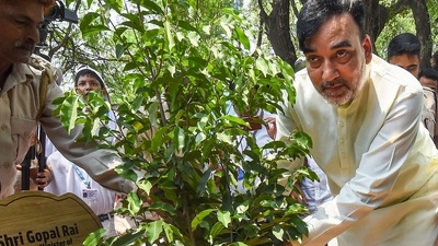 New Delhi: Delhi Environment Minister Gopal Rai plants a sapling during 'Van Mahotsav' festival, in New Delhi, Monday, July 11, 2022. (PTI Photo/Shahbaz Khan)