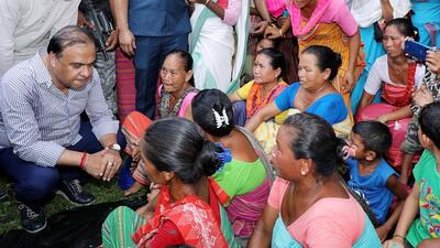 Assam chief minister Himanta Biswa Sarma (left) interacts with people from flood-affected areas. (ANI Photo) Assam chief minister Himanta Biswa Sarma (left) interacts with people from flood-affected areas. (ANI Photo)