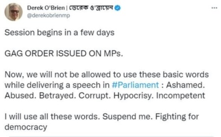 Trinamool Congress MP Derek O'Brien tweeted after the Lok Sabha secretariat issued a new list of banned words and expressions for the monsoon session (Credit: Twitter/@derekobrienmp)