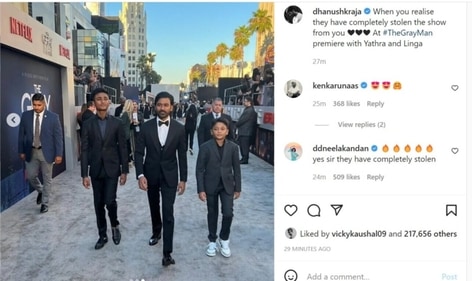 Dhanush shared a few pics with Linga and Yathra from The Gray Man premiere. Dhanush shared a few pics with Linga and Yathra from The Gray Man premiere. 