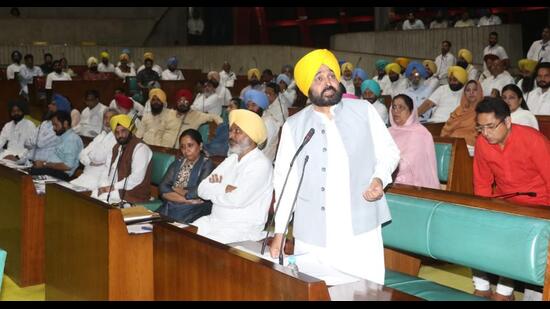 Chief minister Bhagwant Mann addressing the Punjab assembly during the recent budget session. Punjab is not under-taxed. The state’s tax-GDP ratio is comparable with other states, but tax compliance is poor. (HT file photo)