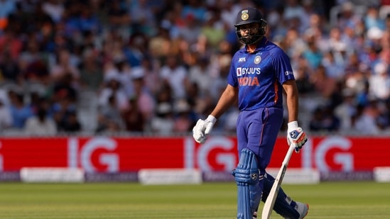 India's Rohit Sharma walks after losing his wicket to England's Reece Topley(Action Images via Reuters)