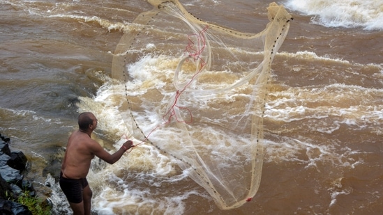 &nbsp;A fisherman casts his net in the Krishna river in Karad, Maharashtra.(PTI)