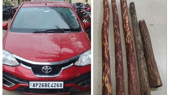 5 logs of red sandalwood and a red Toyota car seized by Kengeri police in Bengaluru. (Twitter)