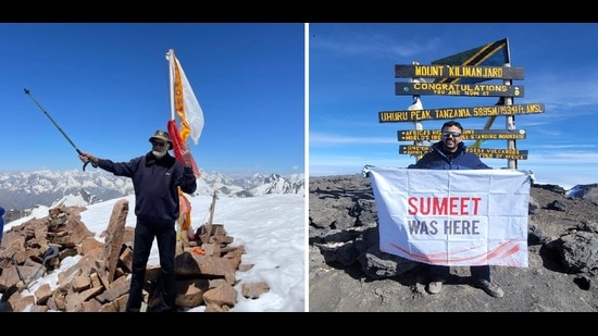 L-R: Raman Chander Sood, 70, on Mount Yunam near Baralacha Pass in Himachal Pradesh; and Sumeet Soni on Mount Kilimanjaro in Tanzania. (HT Photos)