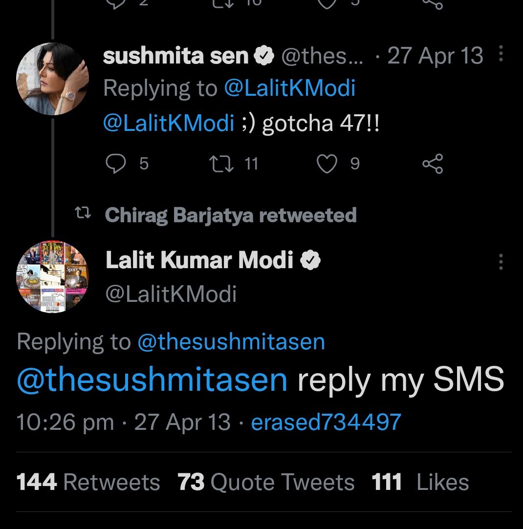 सुष्मिता सेन और ललित मोदी के 2013 के ट्विटर सूत्र।