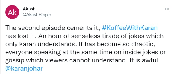 Twitter users criticised the Koffee With Karan episode for being chaotic.