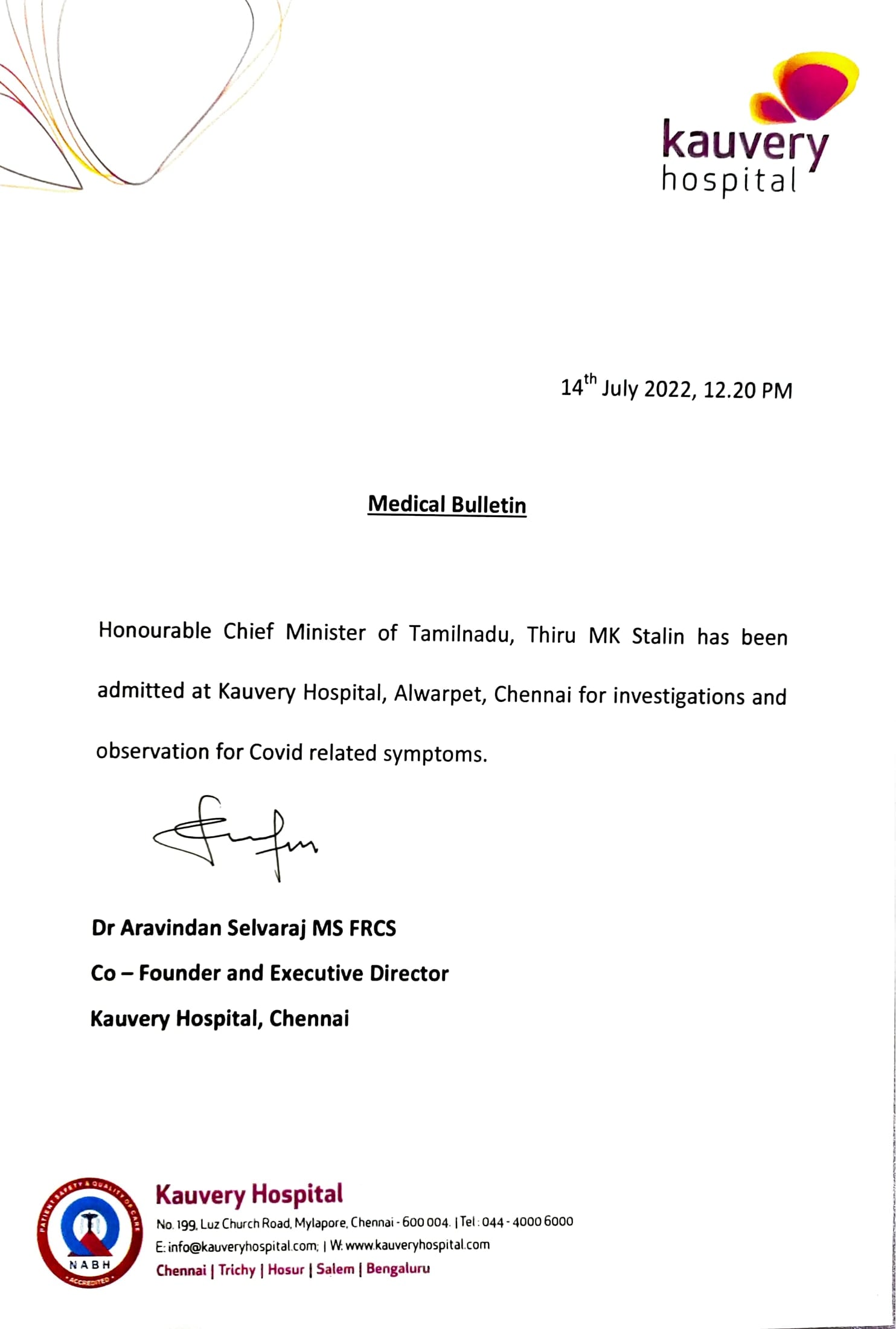 Hospital statement Hospital statement