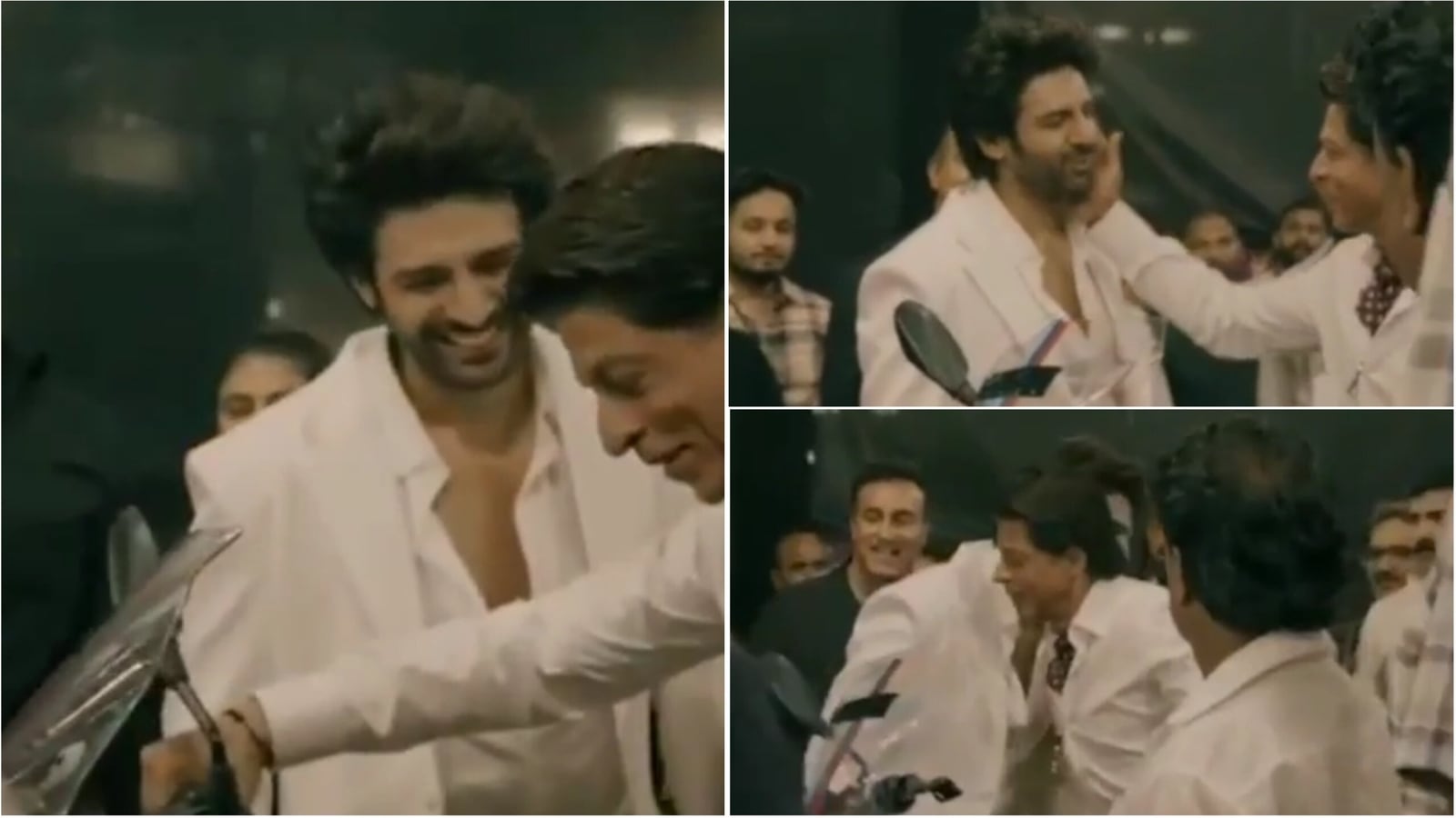 Kartik Aaryan hugs Shah Rukh Khan, who pats his cheek in sweet meeting. Watch