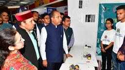 Himachal Pradesh chief minister Jai Ram Thakur visits an exhibition organised by Kaushal Vikas Nigam on the occasion of World Youth Skills Day in Shimla on Friday. (HT Photo)