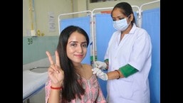 A resident getting the third dose of Covid vaccine at the Sector-45 civil hospital in Chandigarh on Friday. (Keshav Singh/HT)