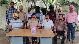 The arrested members of Pankaj Rajput gang in the custody of crime investigation agency (CIA-1) team of Ludhiana. (HT PHOTO)