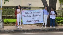 Carmel Convent students inviting donations as part of their fund raiser in Sector 9, Chandigarh. (HT Photo)