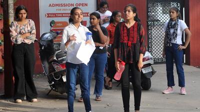Students coming out of the CEU exam centre at the Gian Jyoti Institute of Management and Technology in Mohali (Ravi Kumar/HT)