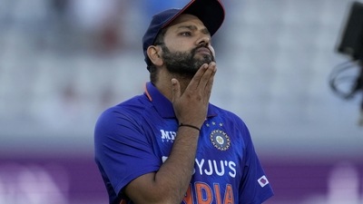 India captain Rohit Sharma waits to do a post-match interview&nbsp; (AP)